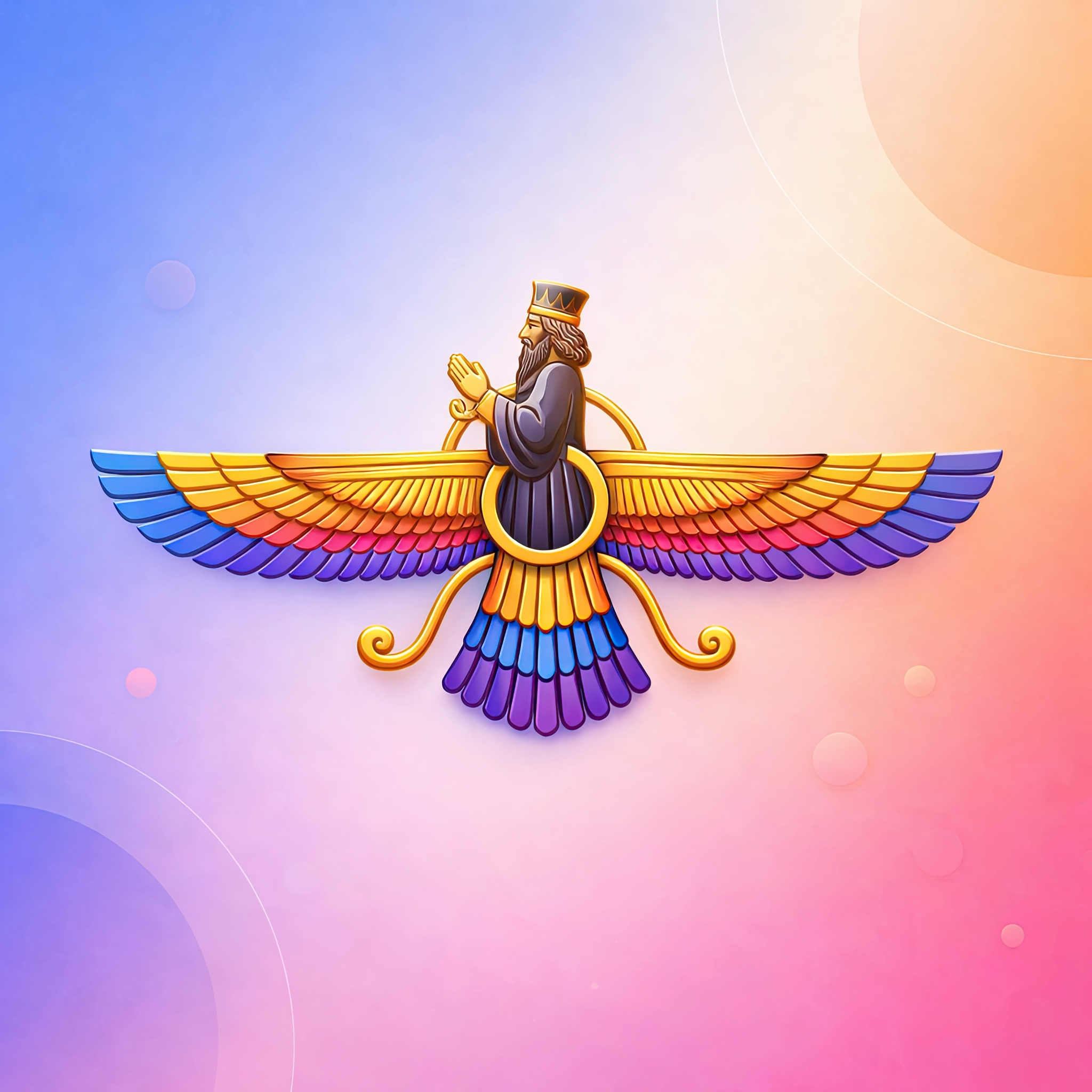 Kolorowy Faravahar – symbol zaratusztrianizmu na gradientowym, kolorowym tle