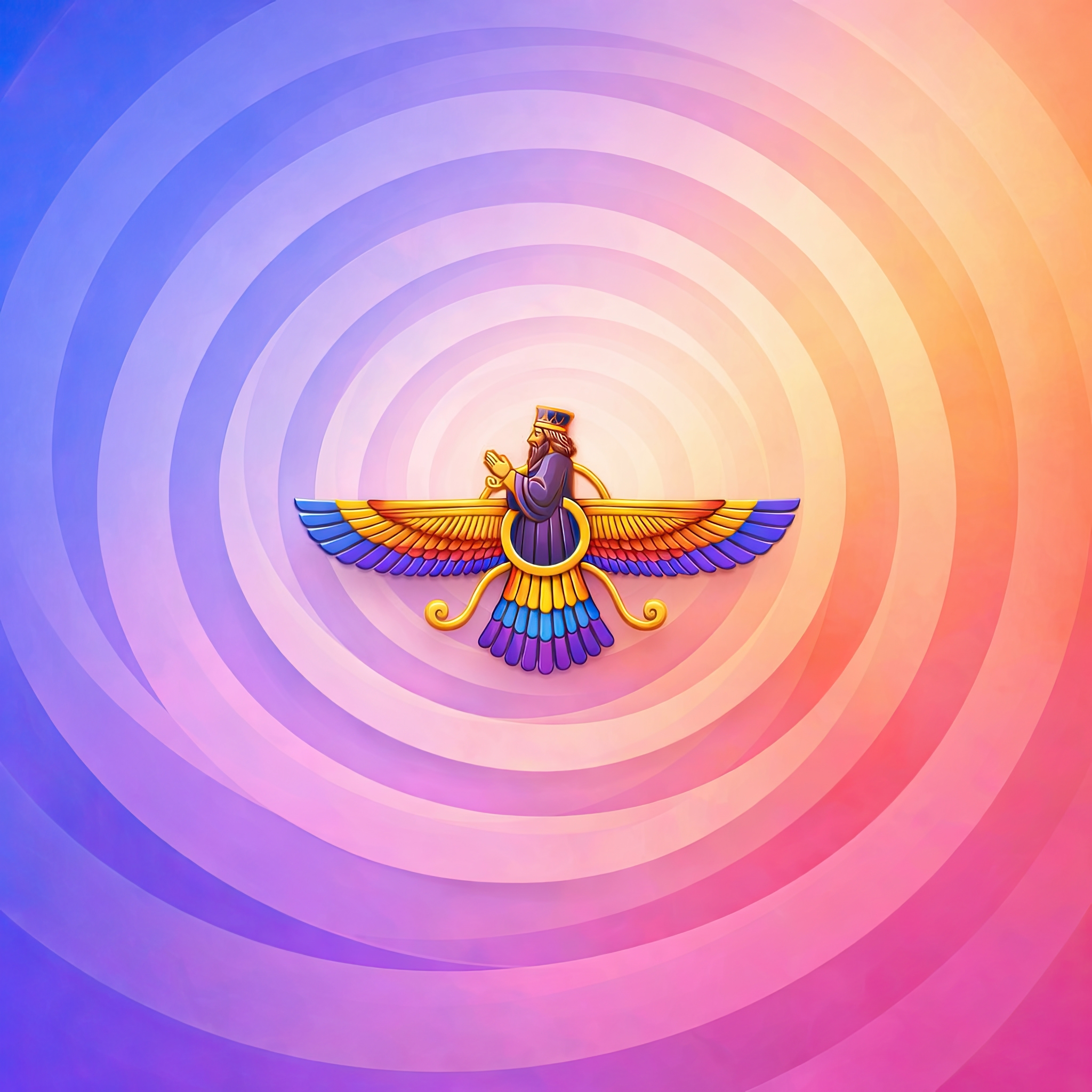Kolorowy Faravahar – symbol zaratusztrianizmu rekonstrukcjonistycznego na gradientowym, kolorowym, spiralnym tle